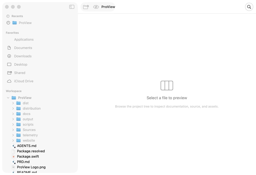 Proview app window in light mode showing the project sidebar and an empty project workspace