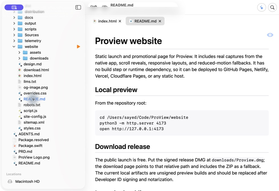 Proview in light mode showing a rendered Markdown README in the native preview pane