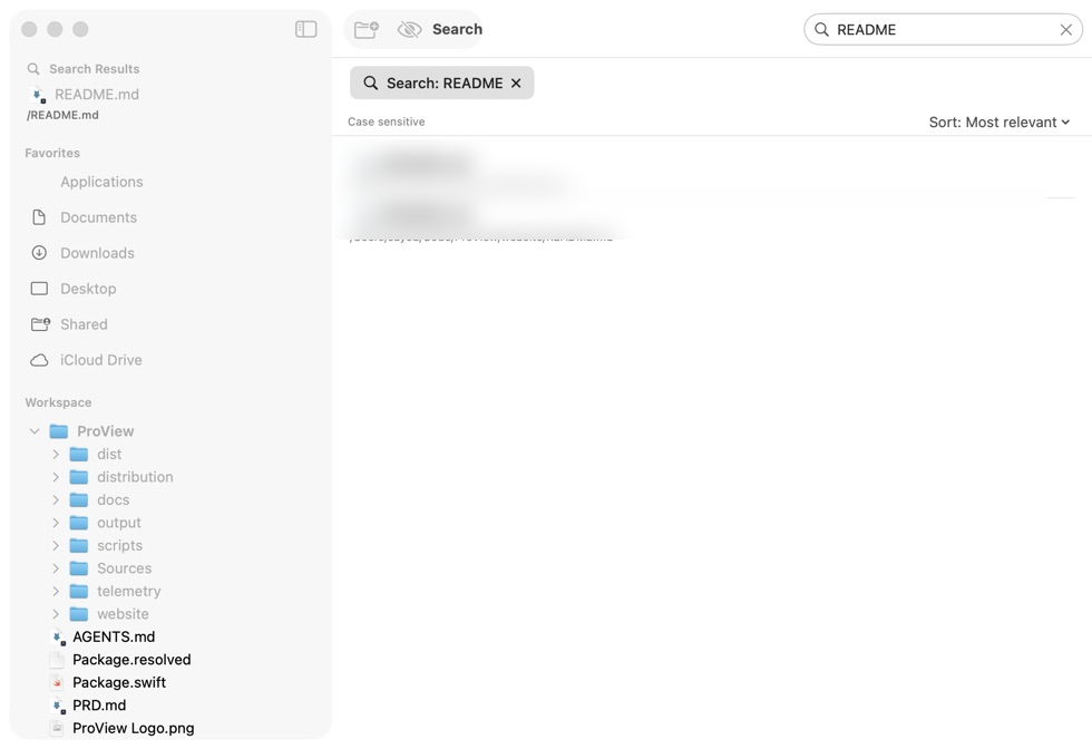 Proview app in light mode showing search results in the project workspace
